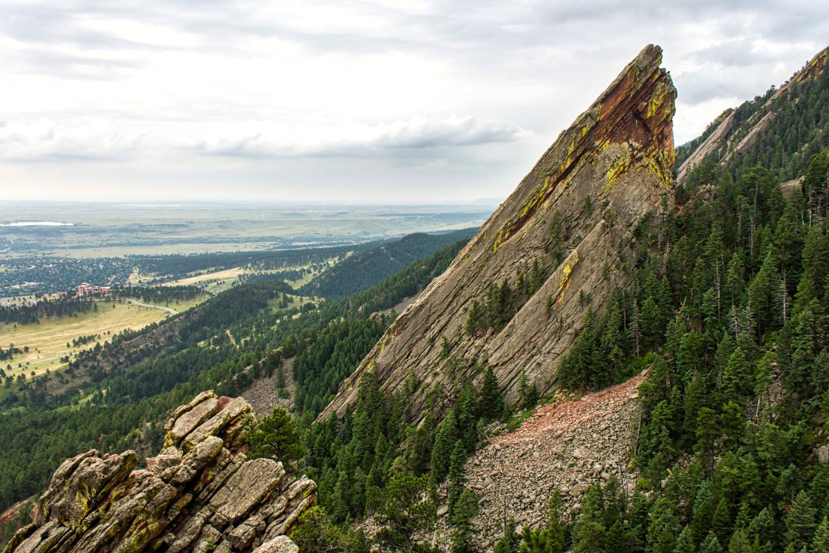 View of one of the flatirons while hiking in Chautauqua Park in Boulder, Colorado