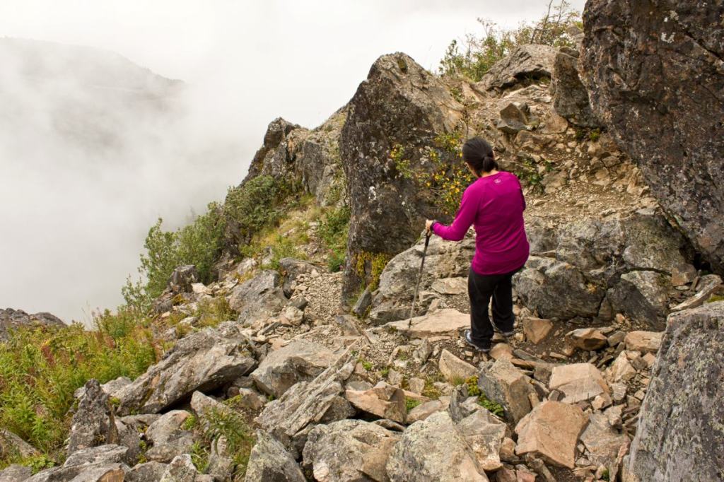 Hiking down a steep trail in Alaska