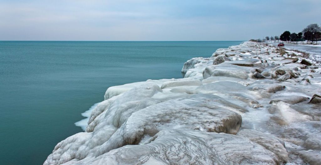 Ice covered rocks along the shore of Lake Michigan