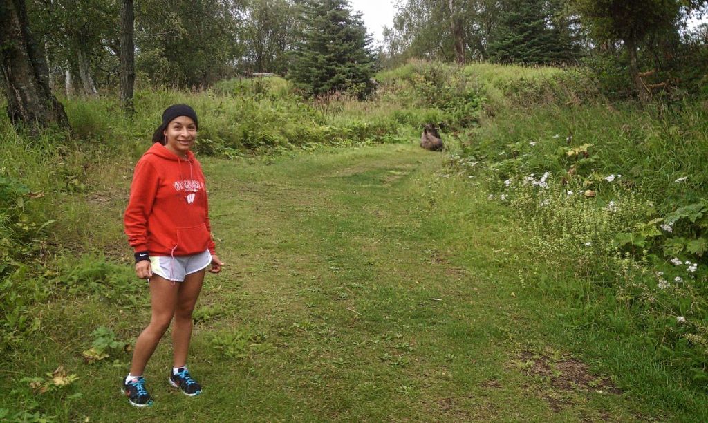 Moose in the middle of a trail at Kincaid Park in Anchorage, Alaska.