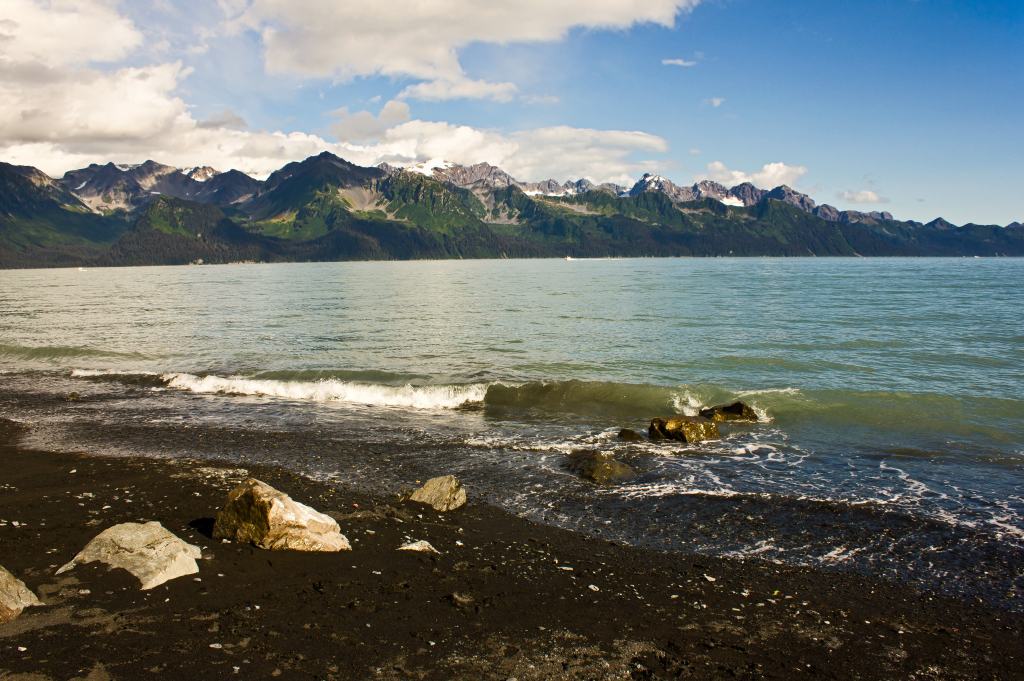 Resurrection Bay in Seward, Alaska on a sunny afternoon.