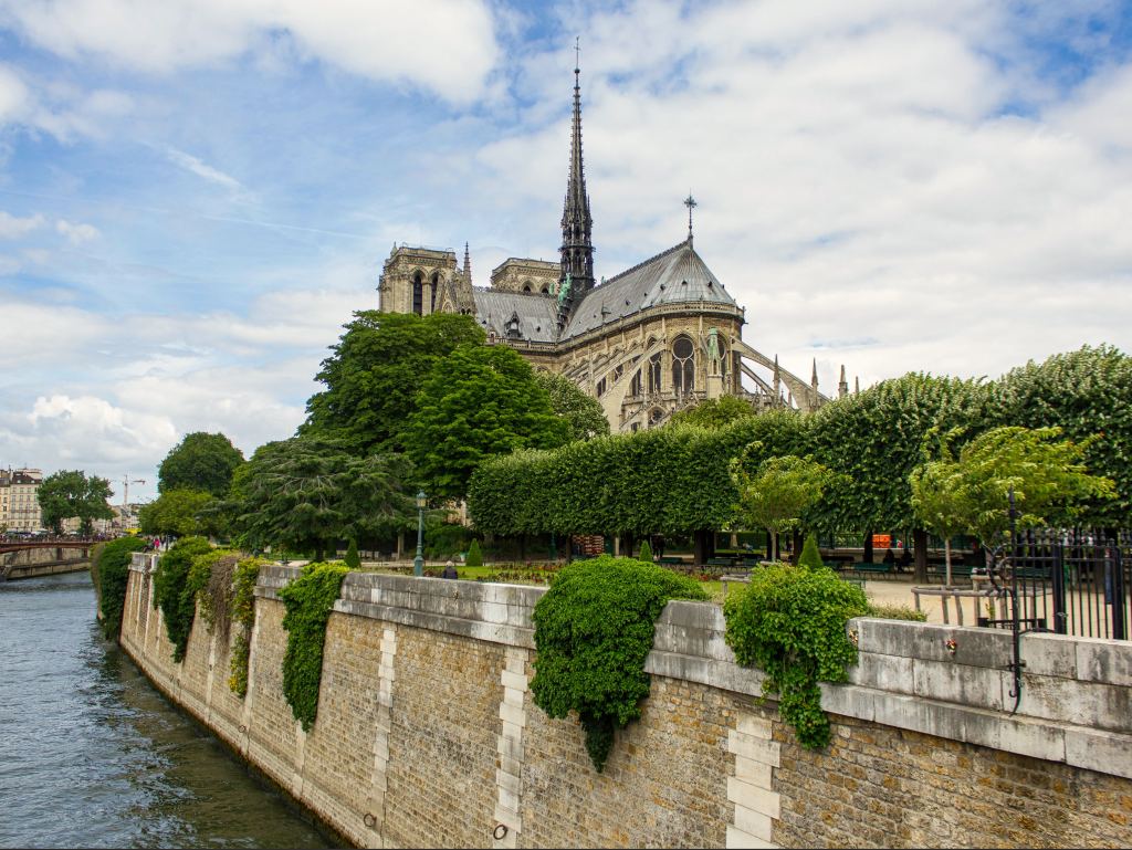 Notre Dame in Paris, France, viewed from the back of the cathedral